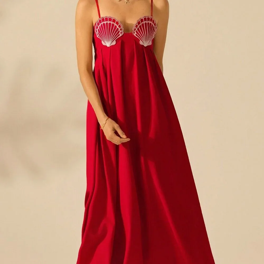 Red Casual A-Line Women's Seashell Embroidery Beach Party Sun Dress - Picture 5 of 7